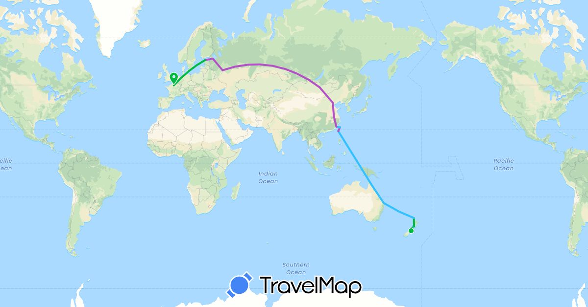 TravelMap itinerary: bus, train, boat in Australia, China, Estonia, France, Mongolia, New Zealand, Russia, Taiwan (Asia, Europe, Oceania)